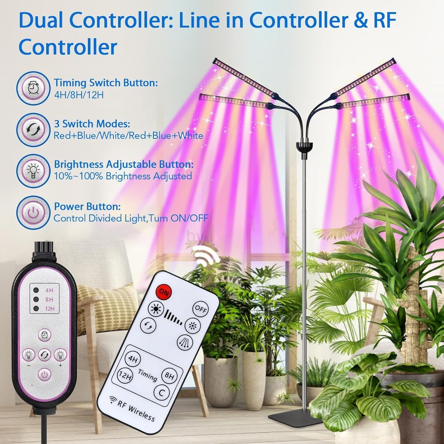 Grow Lights for Indoor Plants, 4 in 1 Full Spectrum Plant Lights for Indoor Growing with Adjustable Brightness On/Off Switch and Timer, Plant Grow Light liftable Height for Plant Growth and Flowe
