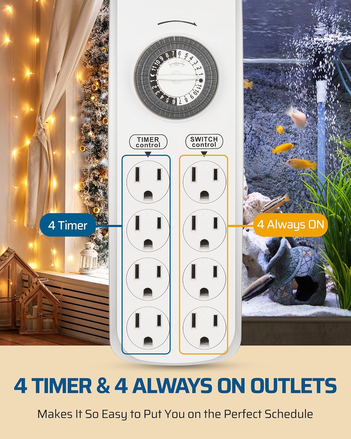 DEWENWILS Mechanical Power Strip with 8 Outlets, Flat Plug, 6ft Long Cord, Overload Protection, Indoor Controller for Bearded Dragon Tanks, Aquarium, Grow Lights, Plants, Reptile Light, UL Listed