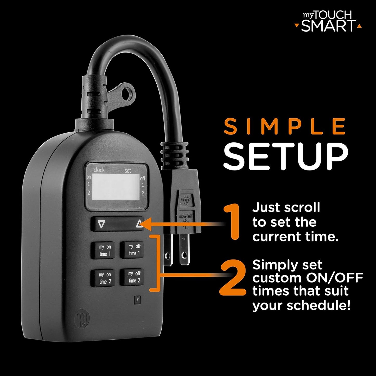 myTouchSmart Indoor/Outdoor Plug-in Digital Timer, One Grounded Outlet, Two Easy-to-Set Custom Daily On/Off Times, Weather Resistant, Ideal for Small Pumps and Seasonal Lighting, 36027