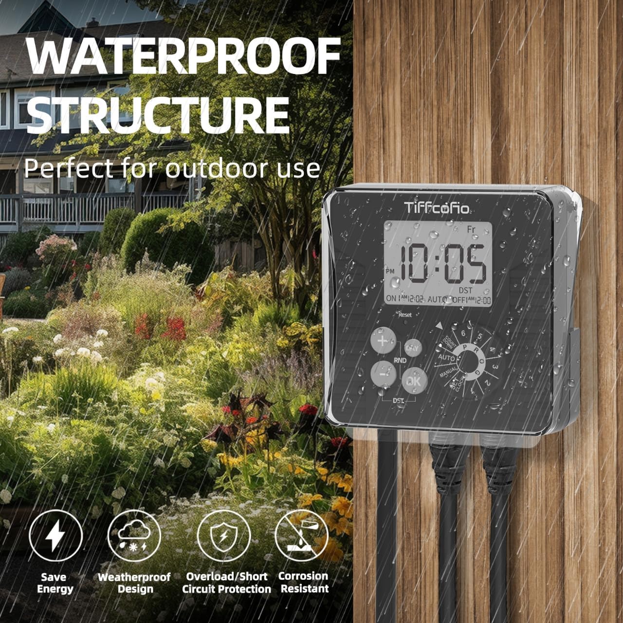 TiFFCOFiO Outdoor Digital Pool Timer, Dial Programmable Method, Outdoor Timer with 2FT Extension Cord Waterproof, 2 Grounded Electrical Outlets for Lights, 6 Sets of Programs,1HP (15A)