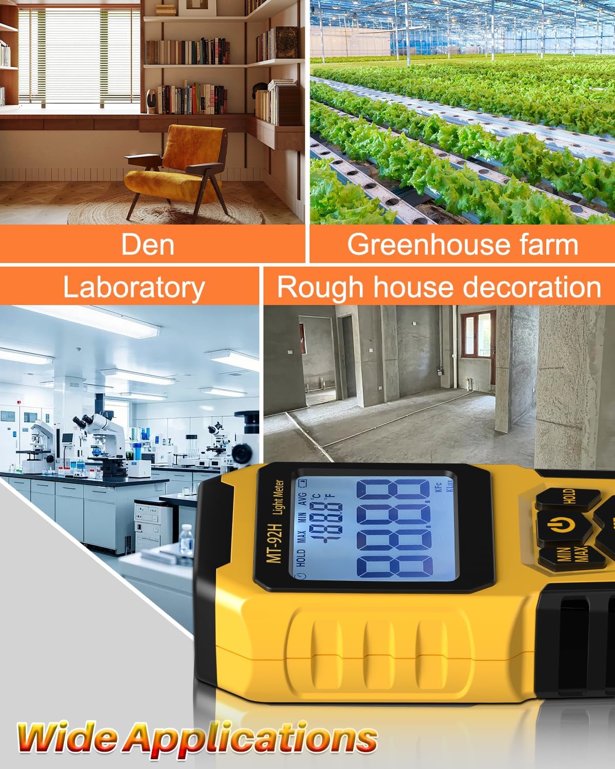 MT-92H Light Meter with Split Sensor Lux/Foot Candles Meter 500ms Refresh Rates Range up to 200,000 Lux Switchable Backlight Temperature Measurer 14℉-140℉