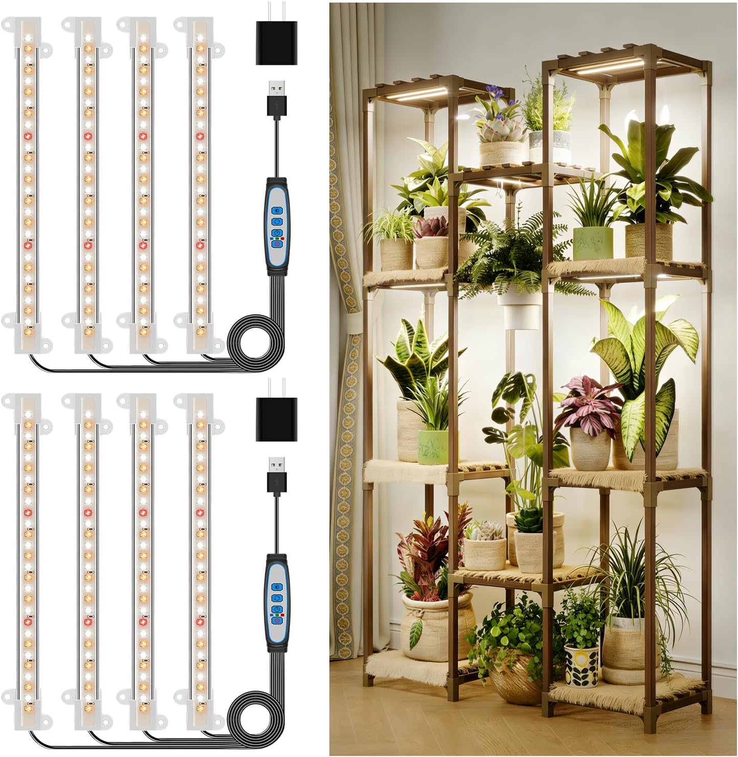 Kullsinss 8 inches LED Grow Light Strips, Full Spectrum Grow Lights for Indoor Plants with 6/12/16H Timer, 5 Dimmable Levels, Plant Light for Seedling Succulent, Ideal for Plant Shelf (4 Strips*2pcs)