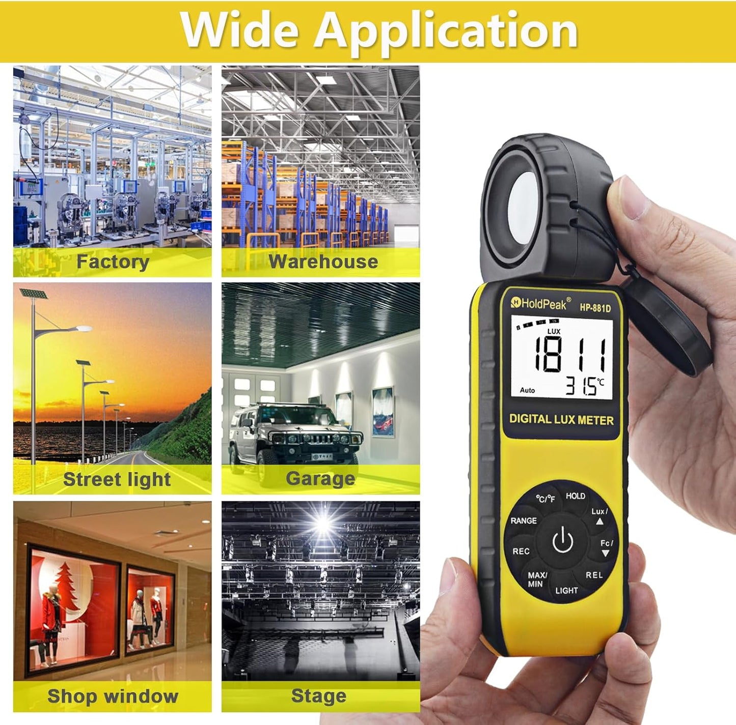 HOLDPEAK 881D Illuminance Light Meter, Digital Lux Foot Candles Meter 0.1~400,000 Lux (0.1~40,000 FC) with 270º Rotatable Detector, Par Meter Luxmeter for Plants LED Lights Indoor Outdoor Light Tester