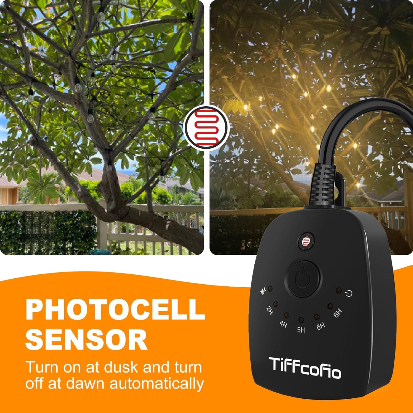TiFFCOFiO Outdoor Light Timer Waterproof, Remote Control Dusk to Dawn Light Sensor Timer, 100 FT Range, Plug in, 2 Grounded Outlets for Home and Garden, 15A/1875W, ETL Listed
