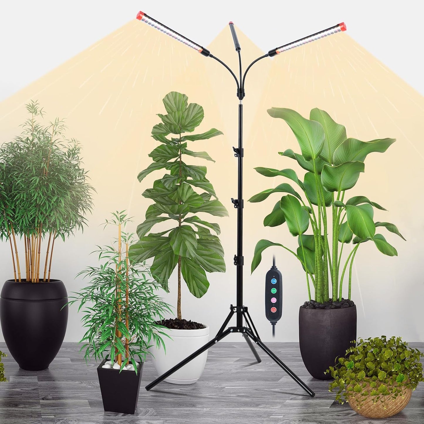 3Head Grow Light with Stand, 5-Mode Timer 4/8/12/16/20H, 27 Watt Power Home Plug LED Grow Lights for Indoor Plants for Tall Houseplants, Bonsai Tree, Seed Starting, 24"-64" Adjustable Height