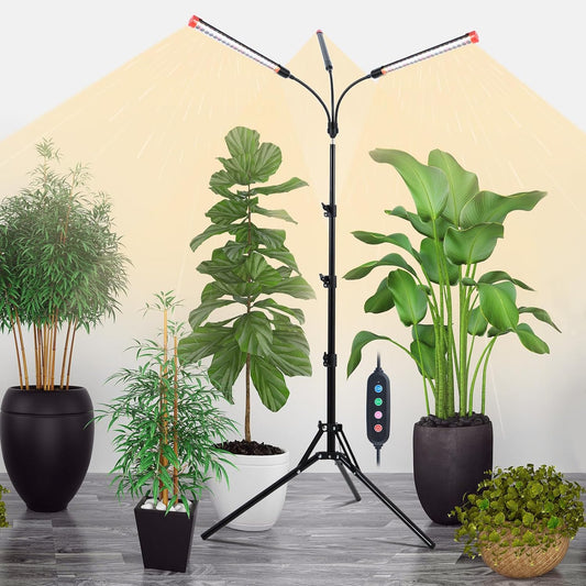 3Head Grow Light with Stand, 5-Mode Timer 4/8/12/16/20H, 27 Watt Power Home Plug LED Grow Lights for Indoor Plants for Tall Houseplants, Bonsai Tree, Seed Starting, 24"-64" Adjustable Height