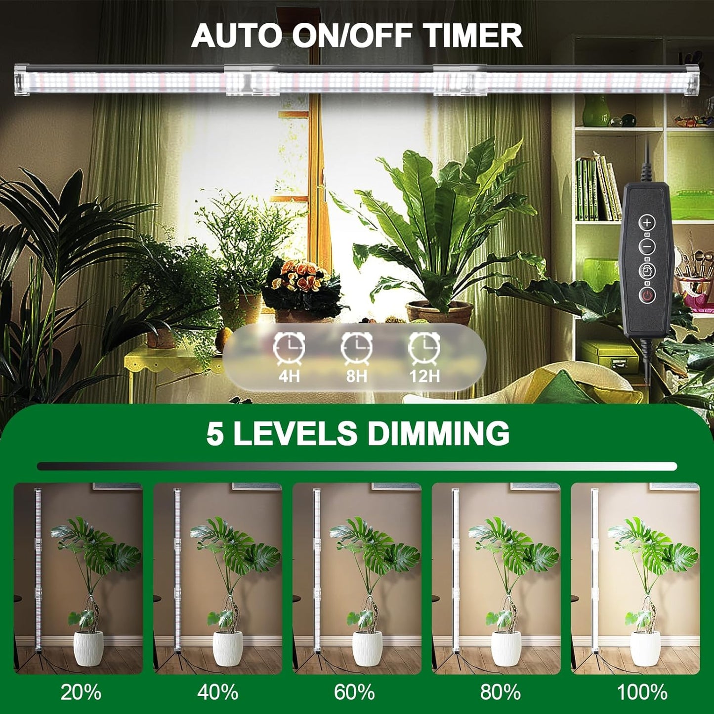 Super-Bright 48" T10 Plant Lamp, 6000k Full Spectrum Standing Grow Light, 3 Modes & 5 Dimming Levels, Timer 4/8/12H,12V/3A High Power Output for Large & Tall Indoor Plants