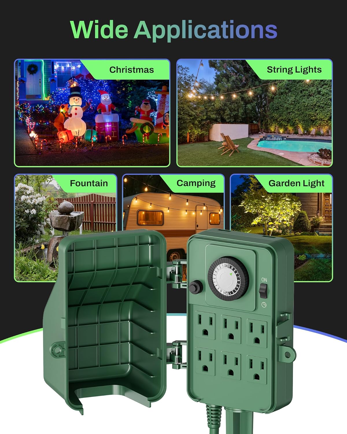 BN-LINK Outdoor Power Stake Timer Waterproof, 24-Hour Mechanical Timer with 6 Grounded Outlets, 6FT Extension Cord for Halloween/Christmas Decor Lights, ETL Listed