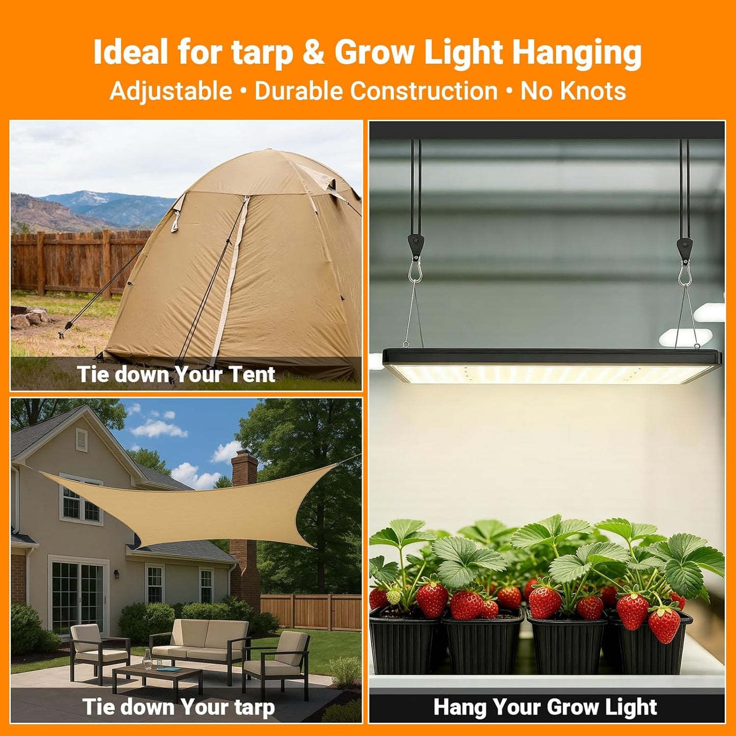 Longer 15ft Paracord Rope Tie Down Ratchet Strap Small Reflective Portable Adjustable Fix Camping Rope Tent Tarp Tie Downs Grow Plant Light Hangers Pulley Tightener Tensioner Adjuster 1/8in 8Pack