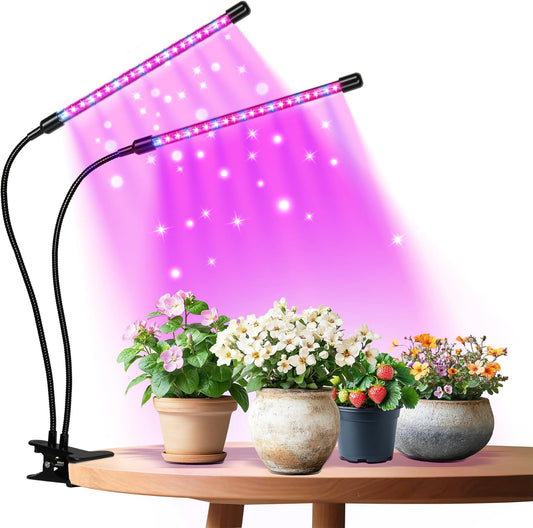 iPower LED Grow Lights for Indoor Plants, Red Blue Spectrum Dual Head Lamp Strips, 11-Level Dimmable, Auto On Off Timing 3 9 12Hrs