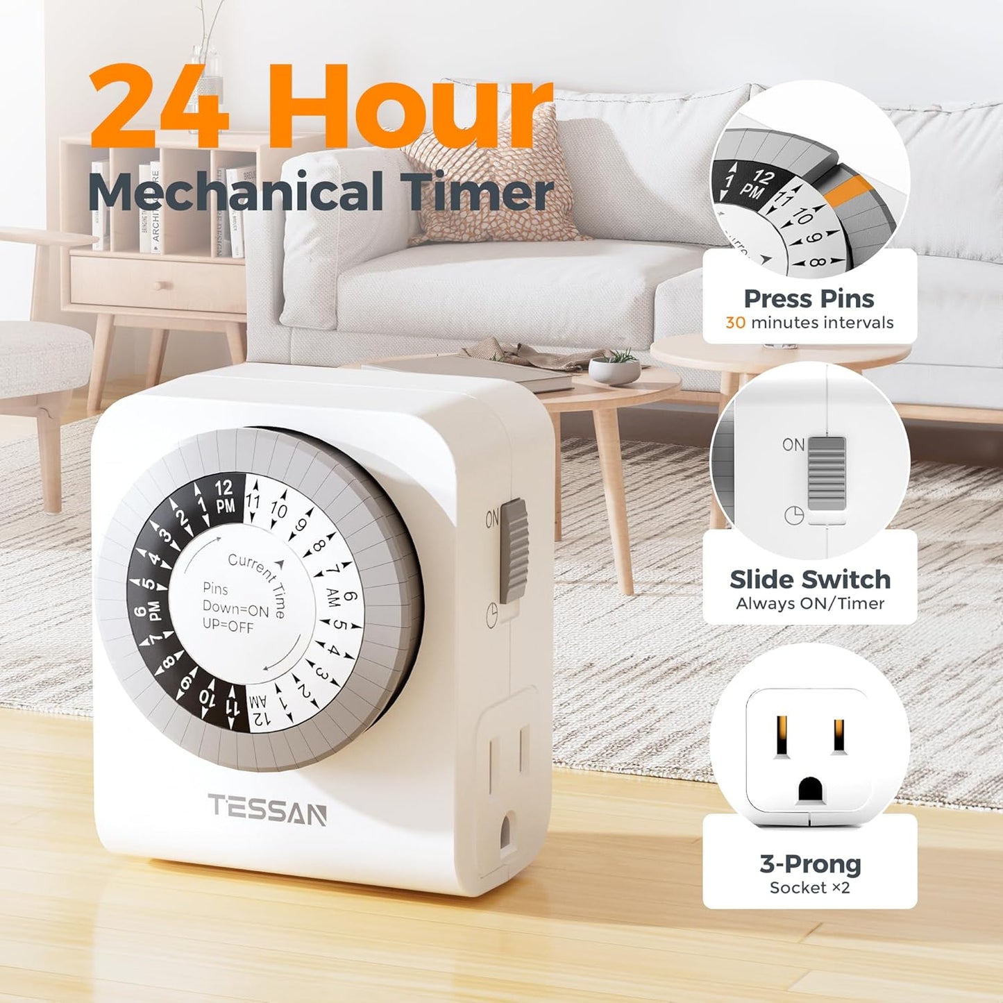 TESSAN Outlet Timer, Mechanical 24-Hour Light Timers for Electrical Outlets Indoor, Dual 3-Prong Sockets 30-Minute Intervals, for Lamps, Christmas Lights, Fans (2 Pack)