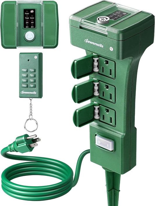 DEWENWILS Outdoor Power Stake Timer Waterproof, 100FT Range Remote Control Outlet Timer, 6 Grounded Outlets 6FT Cord, Photocell Dusk to Dawn, for Lights, Garden, 1875W/15A UL Listed