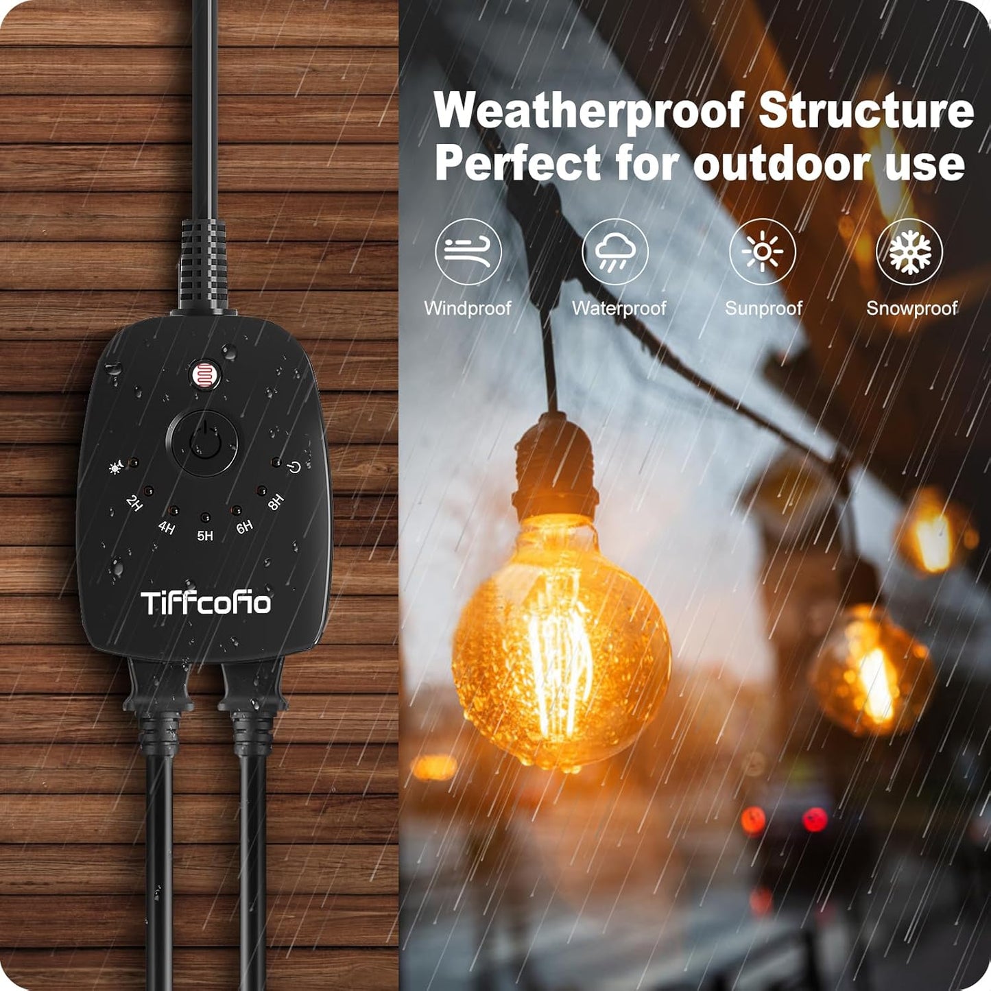 TiFFCOFiO Outdoor Light Timer Waterproof, Remote Control Dusk to Dawn Light Sensor Timer, 100 FT Range, Plug in, 2 Grounded Outlets for Home and Garden, 15A/1875W, ETL Listed
