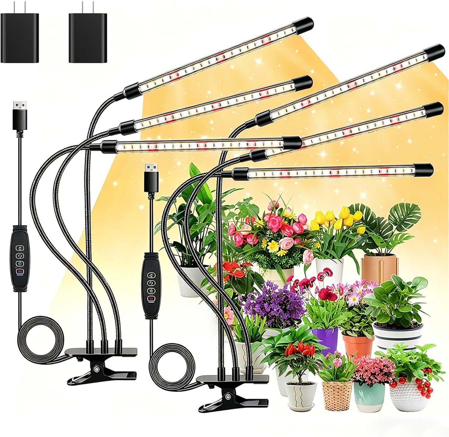 Full Spectrum LED Grow Light for Indoor Plants, 3Heads Grow Lights for Seed Starting, 10 Dimmable Levels & 3 Timer Modes (3/9/12H), Adjustable 360° Gooseneck with Clip, Plant Grow Light 2 Pack