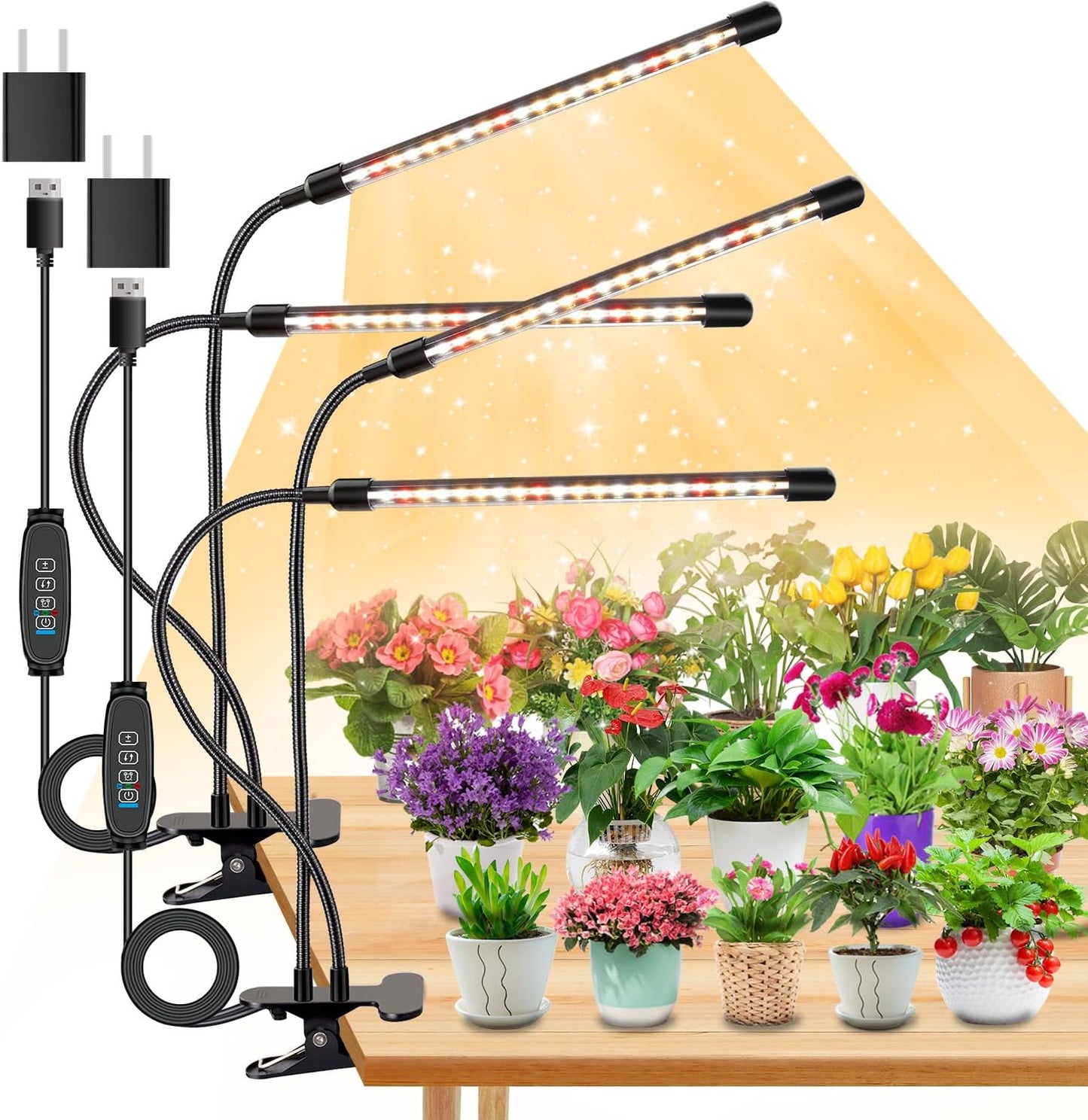 SDOVUERC 4 Heads Grow Lights for Indoor Plants, Full Spectrum LED Plant Lamps with Clips and 120 inch Cables for Seeding Growing(with Adapter)