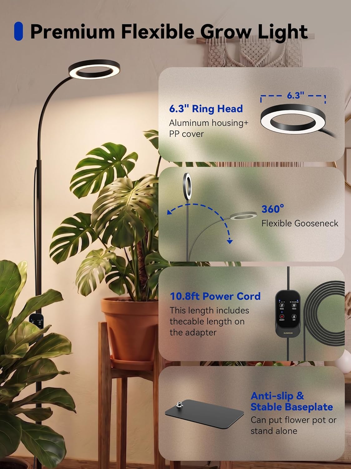 GLOWRIUM Grow Lights for Indoor Plants,20W Full Spectrum LED Plant Light with Stand,Adjustable Height,3/9/12H Timer,6 Dimmable Levels & 3 Lighting Modes (Black-Single Head)