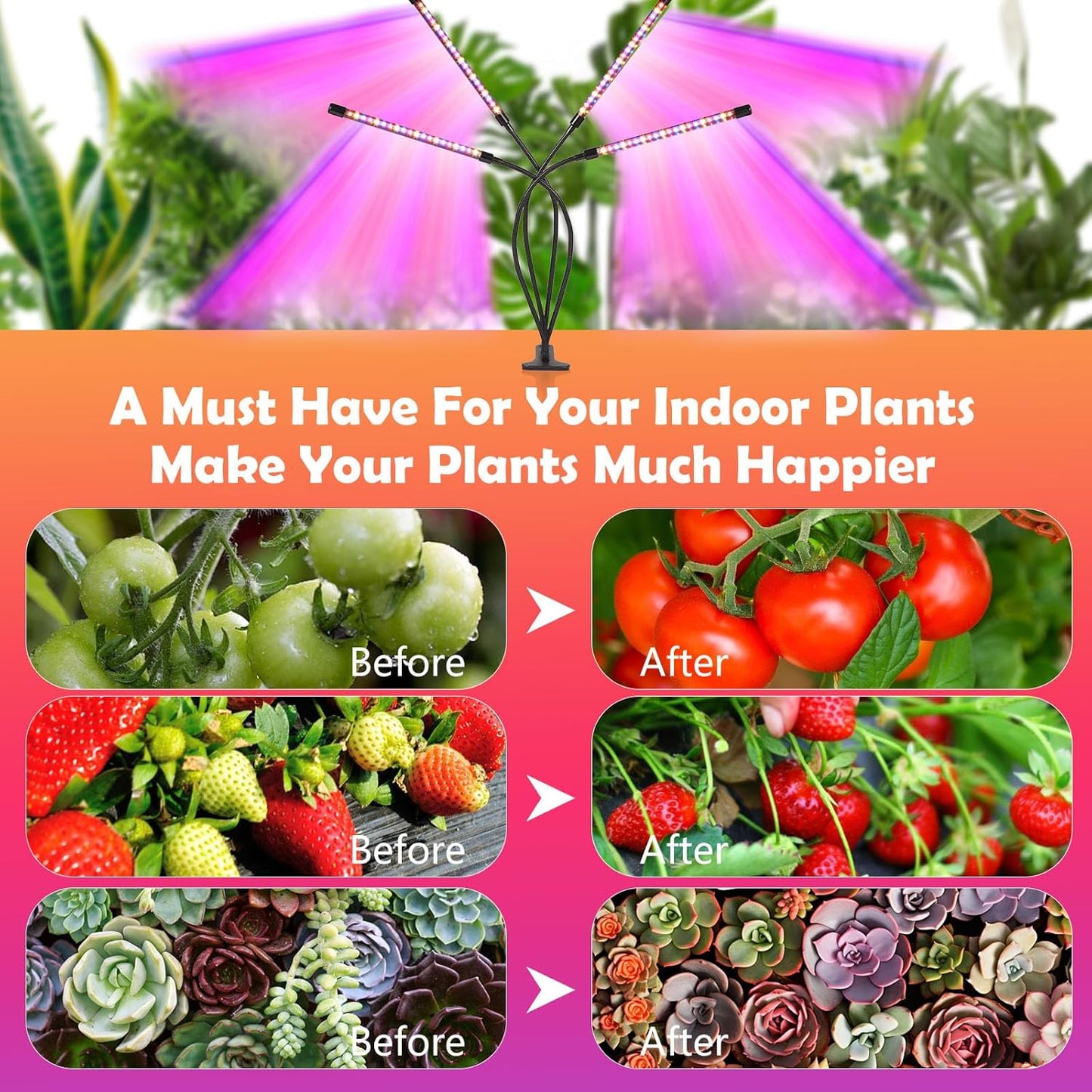 Grow Lights for Indoor Plants,80 LED Plant Lights with Full Spectrum & Red Blue Spectrum, 10 Dimmable Level, 3/9/12H Timer,3 Switch Modes, Adjustable Gooseneck,4 Heads Clip-On