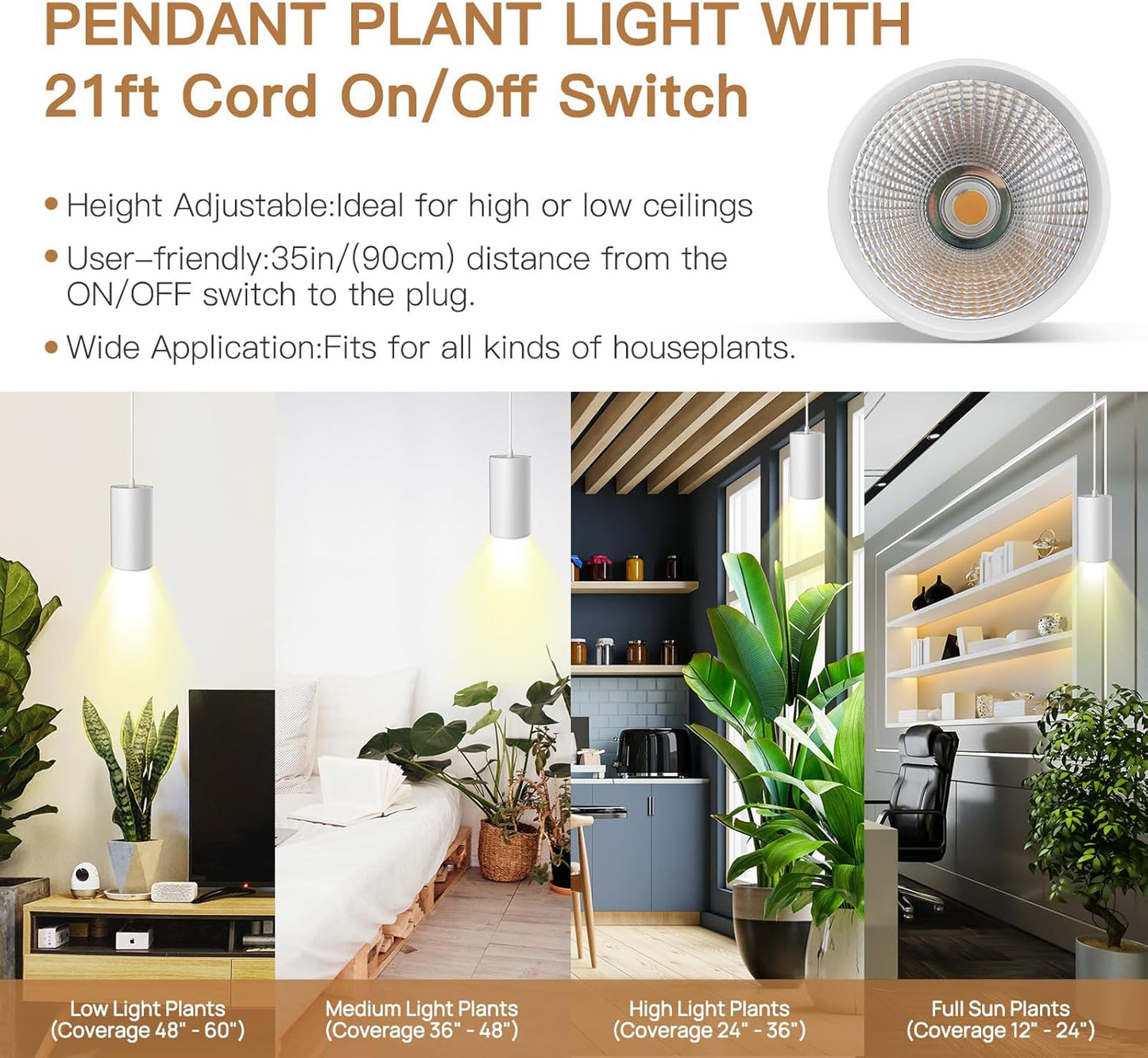 STERREN LED Grow Light, White Plug in Hanging Lights for Indoor Plants, Full Spectrum Grow Lights with On/Off Switch, Decorative Pendant Lights with 21 Ft Height Adjustable Power Cord