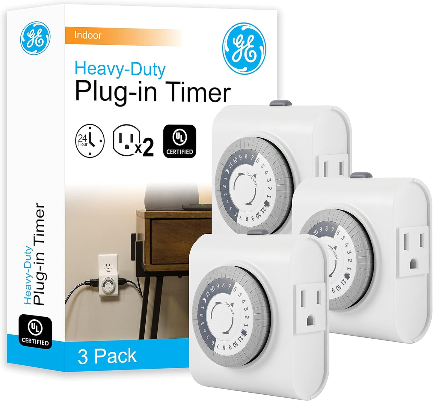 GE 24‑Hour Mechanical Outlet Timer Switch, Dual Grounded Plug‑in Control for Indoor Lighting, Lamps, Christmas Trees, Fans and Small Appliances (3 Pack), 66404