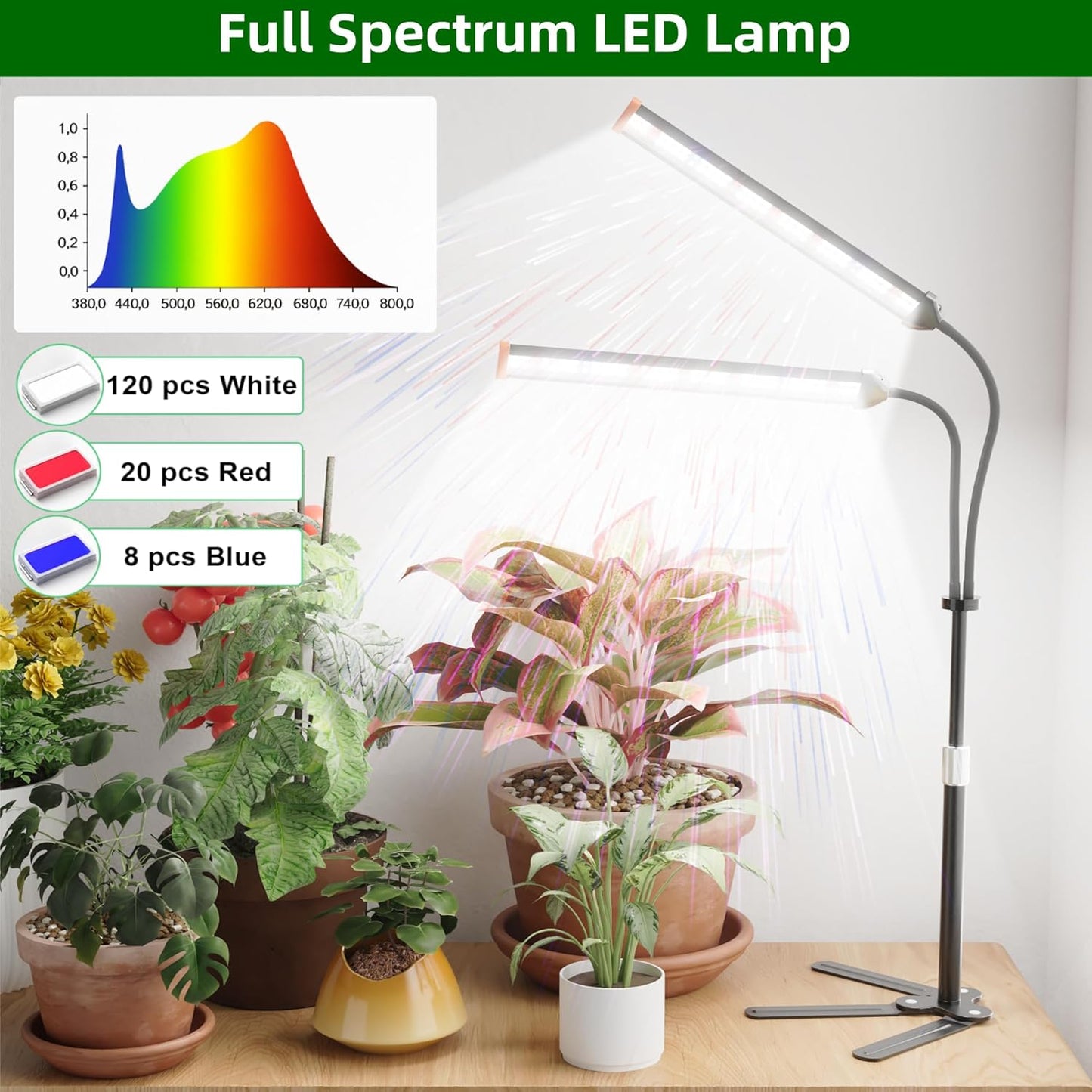 GooingTop Grow Light for Indoor Plants,5000K Full Spectrum Growing Plant Lamp with White Red Blue LED for Pots Succulents Seed Starting,Height Adjustable 10-32'' with Optional Dimming & Timer