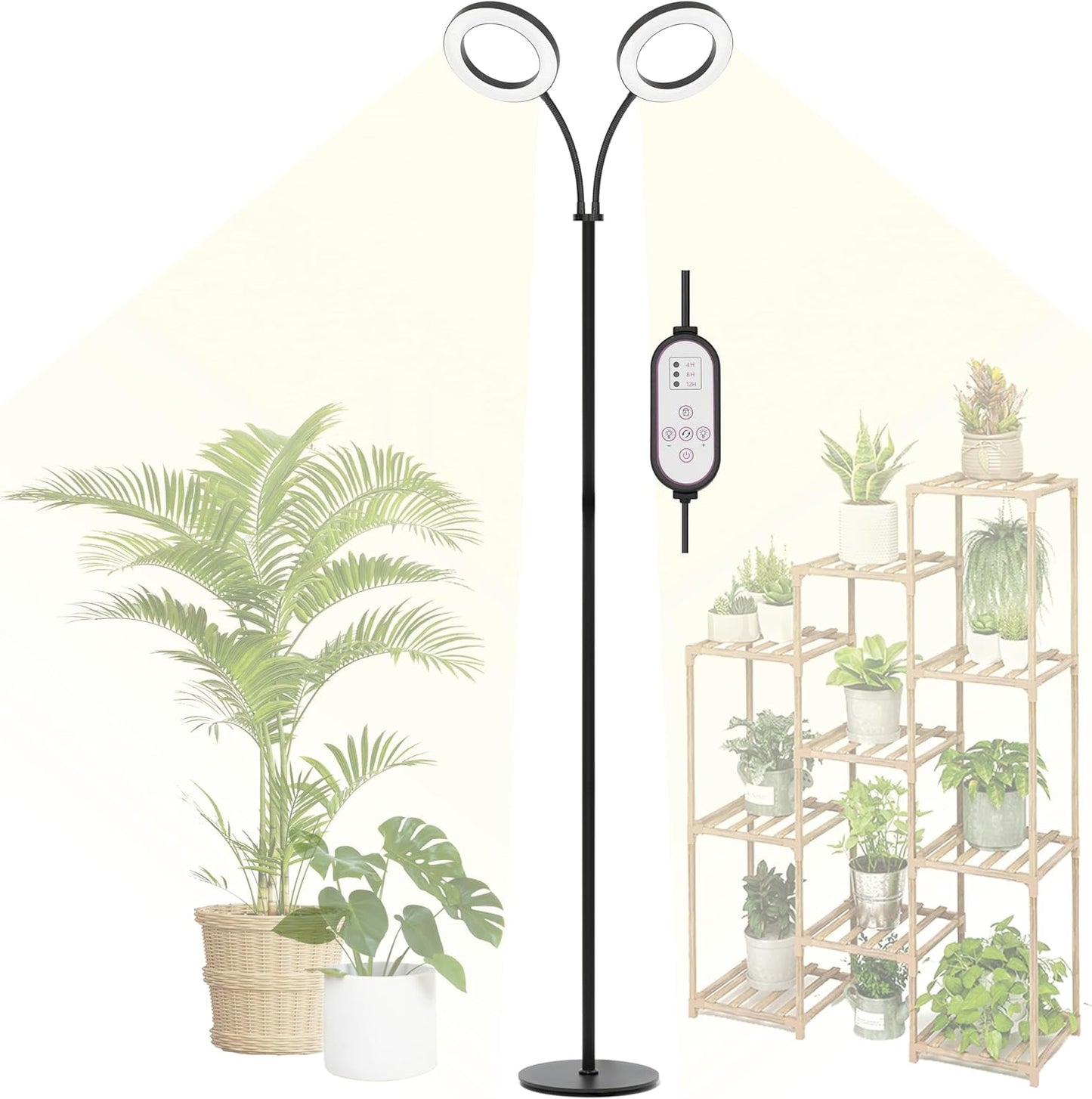 Grow Light for Indoor Plants, 2-Head Full Spectrum LED Tall Plant Lights with Timer, 3 Color Modes Standing Floor Growing Lamp, 70" Height Adjustable, 10 Dimmable Levels for Large Plants