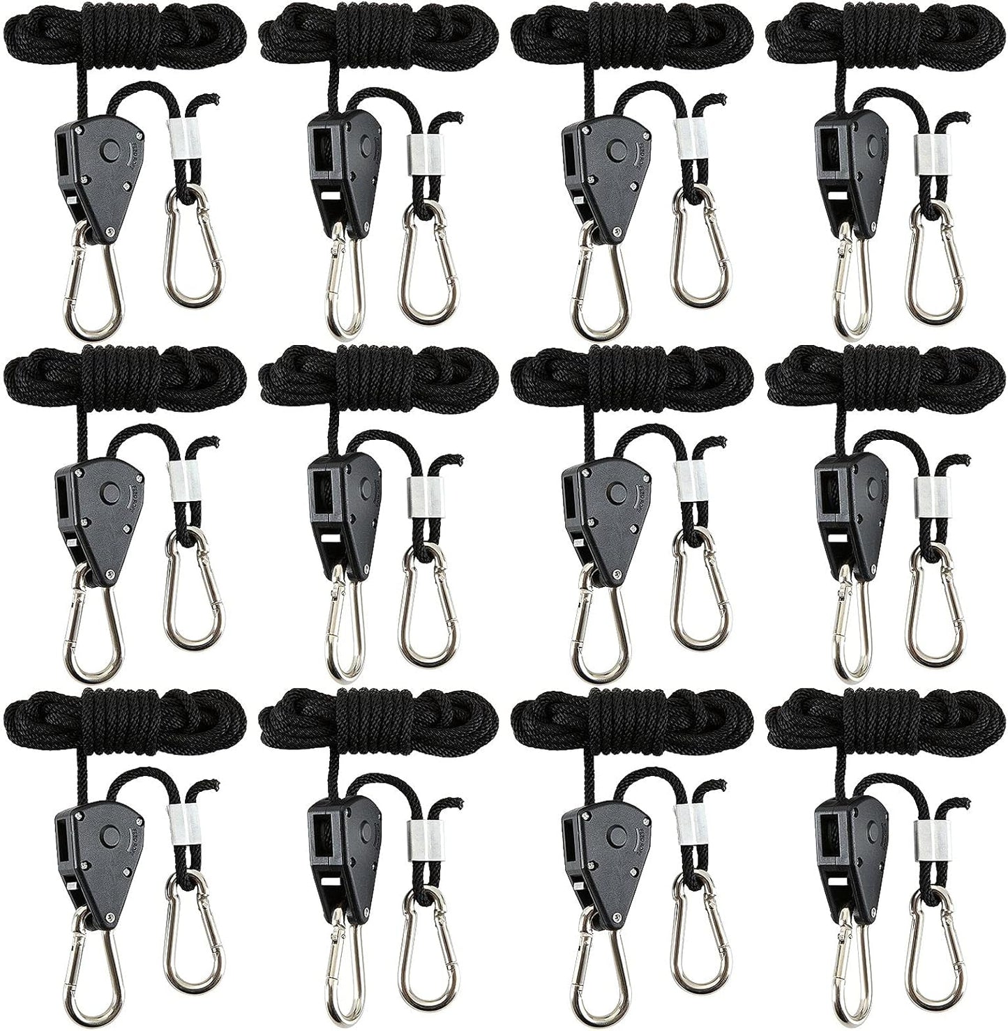 12 Pack Rope Clip Hanger 1/8 Inch 8 FT Adjustable Lifting Pulley Lanyard Hanger with M5 Iron Galvanized Carabiner, Reinforced Metal Internal Gears Ratchets 150lbs Capacity, Black