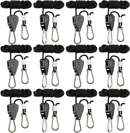 12 Pack Rope Clip Hanger 1/8 Inch 8 FT Adjustable Lifting Pulley Lanyard Hanger with M5 Iron Galvanized Carabiner, Reinforced Metal Internal Gears Ratchets 150lbs Capacity, Black
