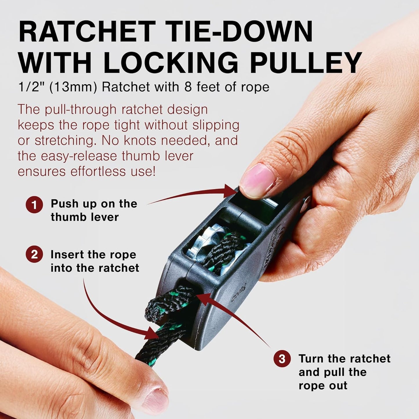 Rope Ratchet 1/2" with Locking Pulley, Adjustable Hanger for Grow Lights, Canopies, Kayaks, Tents, Camping, 8' Braided Polypropylene Rope, 500 lb Capacity, Ideal for Roof Rack, Tarp, Canoe Tie Downs