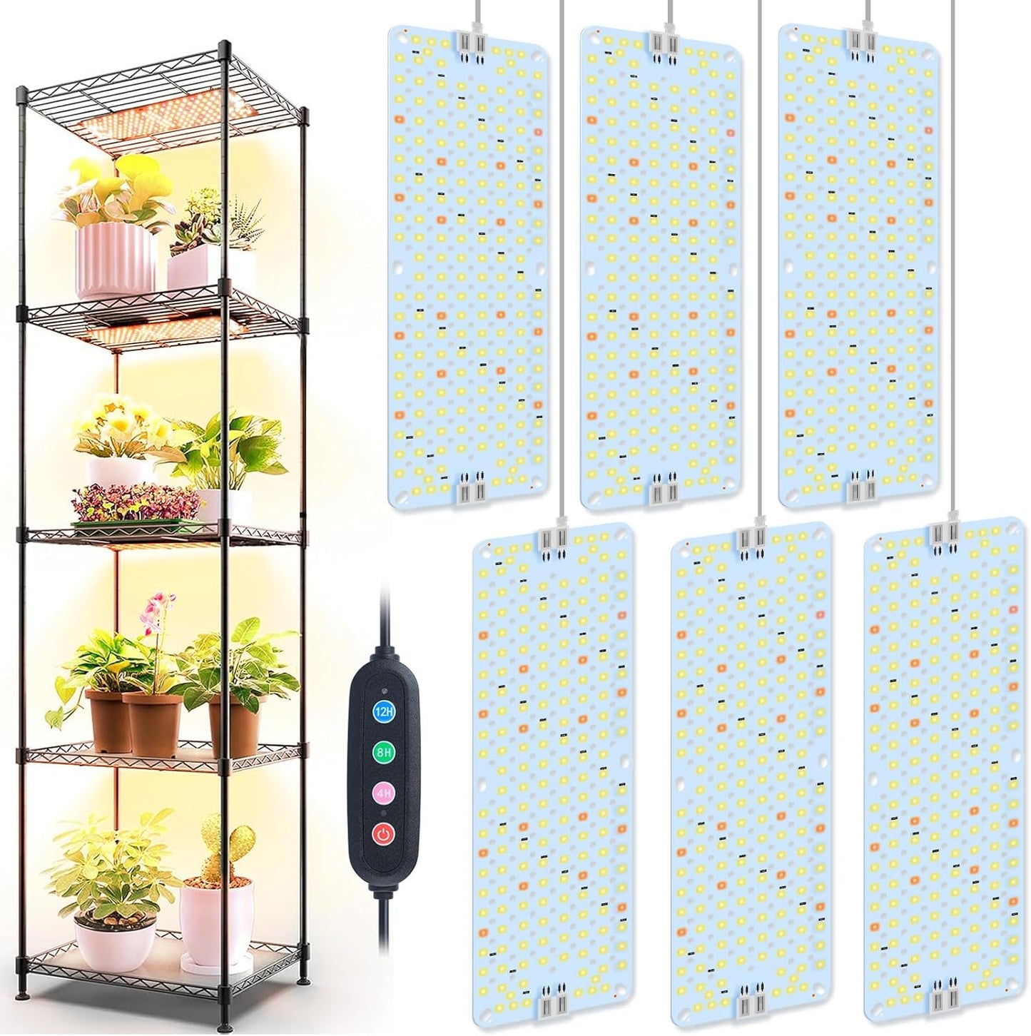 6Panel Grow Lights for Indoor Plants, Seed Starting, Veg, Pot Plants, Bonsai with Timer 4/8/12/16/20H, Ultra-Thin Under Cabinet & Shelf Full Spectrum LED Plant Growing Lamps, Multi-Panels Free Connect
