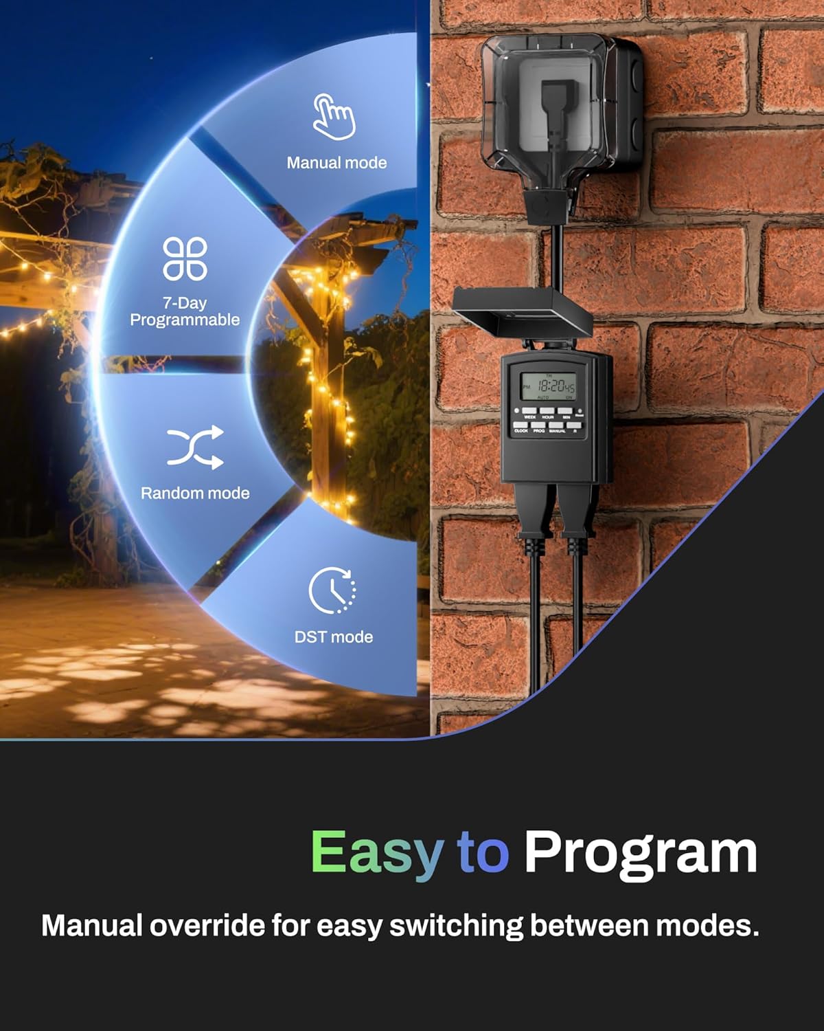 BN-LINK 7 Day Outdoor Heavy Duty Digital Programmable Timer, Outdoor Timer Outlet Waterproof, 2 Grounded Electrical Outlets for Christmas Lights, 15A 1/2HP,ETL Listed