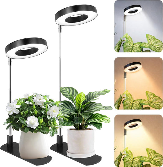 LBW Grow Light for Indoor Plants, Full Spectrum Halo Plant Grow Light with Base, Height Adjustable Plant Lamp with Auto Timer 6/8/12/16H, 3 Color,5 Dimmable Level, for Small Plants, Black, 2 Packs