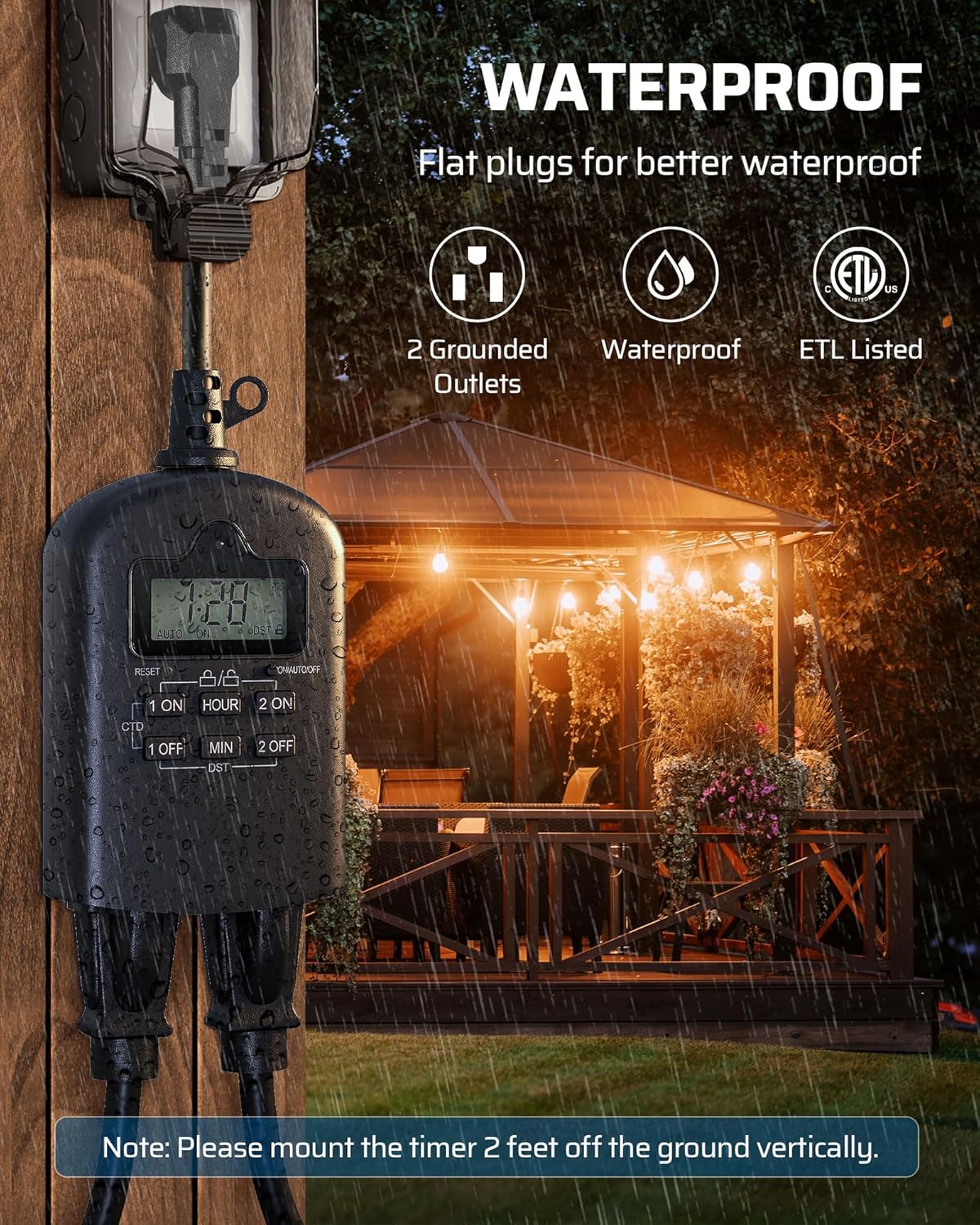 DEWENWILS Outdoor Timer Outlet Waterproof, Outdoor Digital Timer for Lights, Programmable with 2 Grounded Outlets, for Home and Garden, 15A, 1/2HP, Heavy Duty, ETL Listed