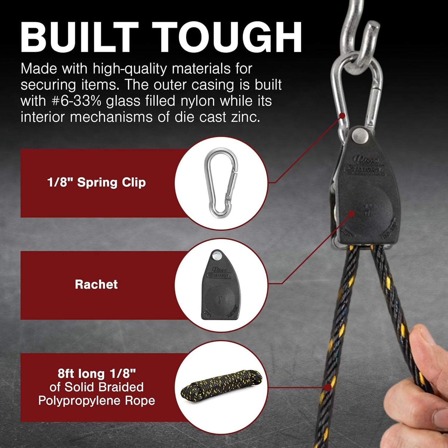 Rope Ratchet 1/8 Ratchet 12 PAK with Spring Clips (6 Pair)… Black
