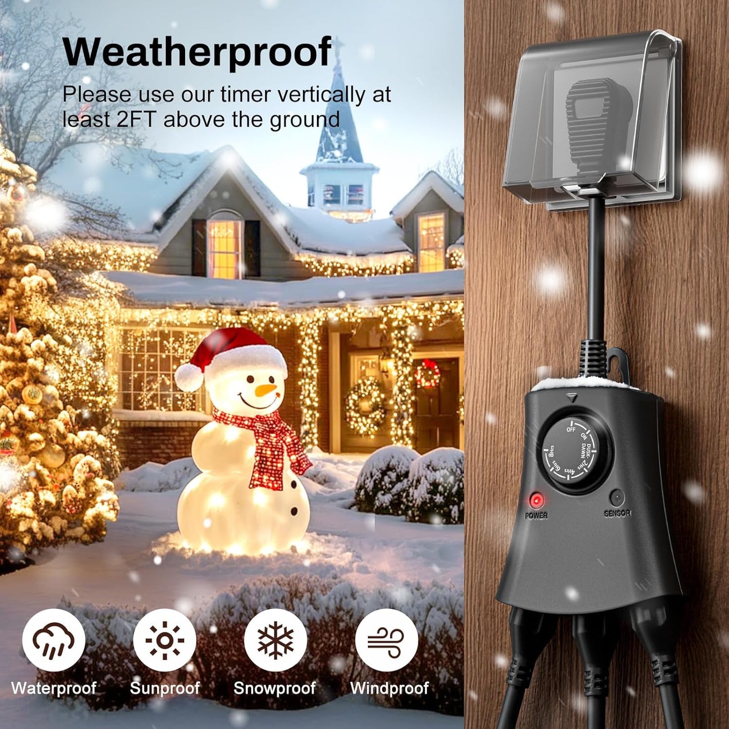 Lights Plug Timer Outdoor, Dusk to Dawn Electrical Timer Switch with Remote, Waterproof 3 Grounded Electrical Outlets for Halloween Christmas Holiday Lights Patio Yard Garden, UL Listed, 15A 1/2HP
