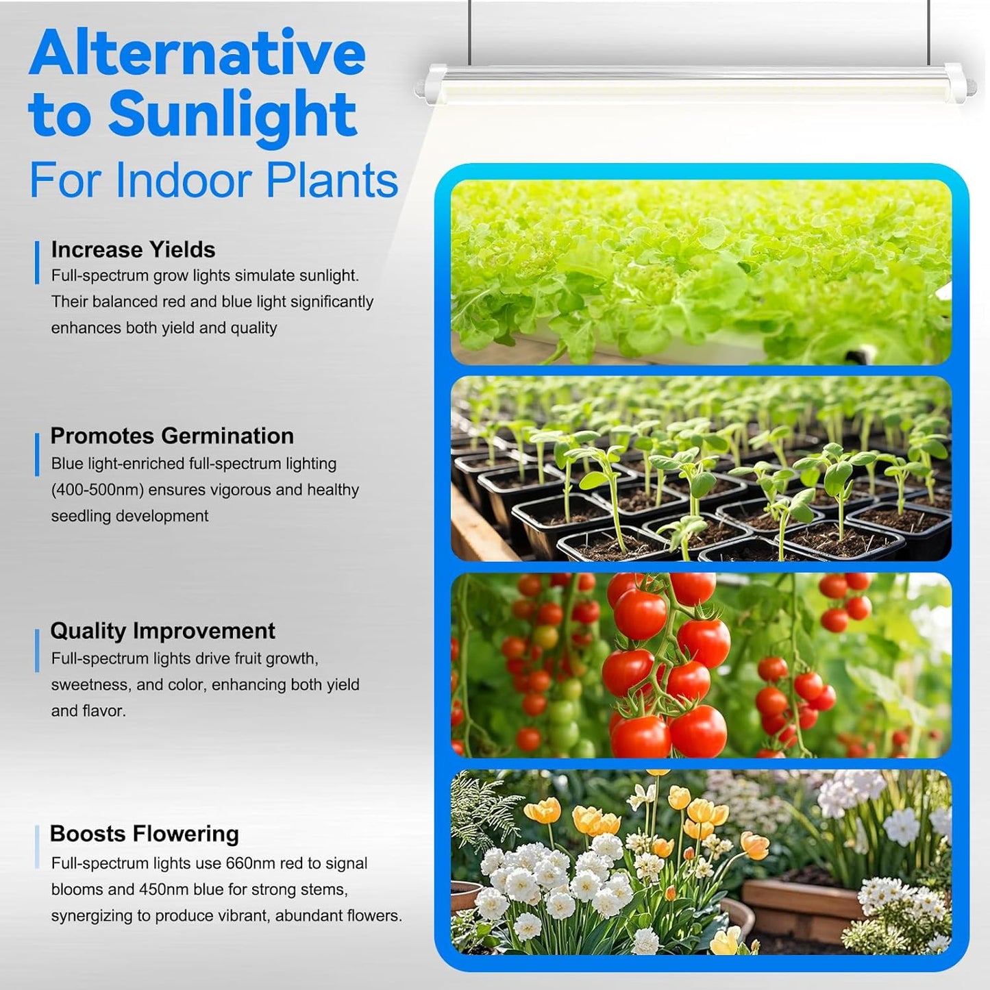 JESLED Waterproof Grow Lights for Indoor Plants, 4FT Full Spectrum 5000K LED for Seed Starting, Seedling & Veg, 96W (2 x 48W, 600W Equiv), Linkable Sunlight Grow Light Strip, Plug and Play,2-Pack