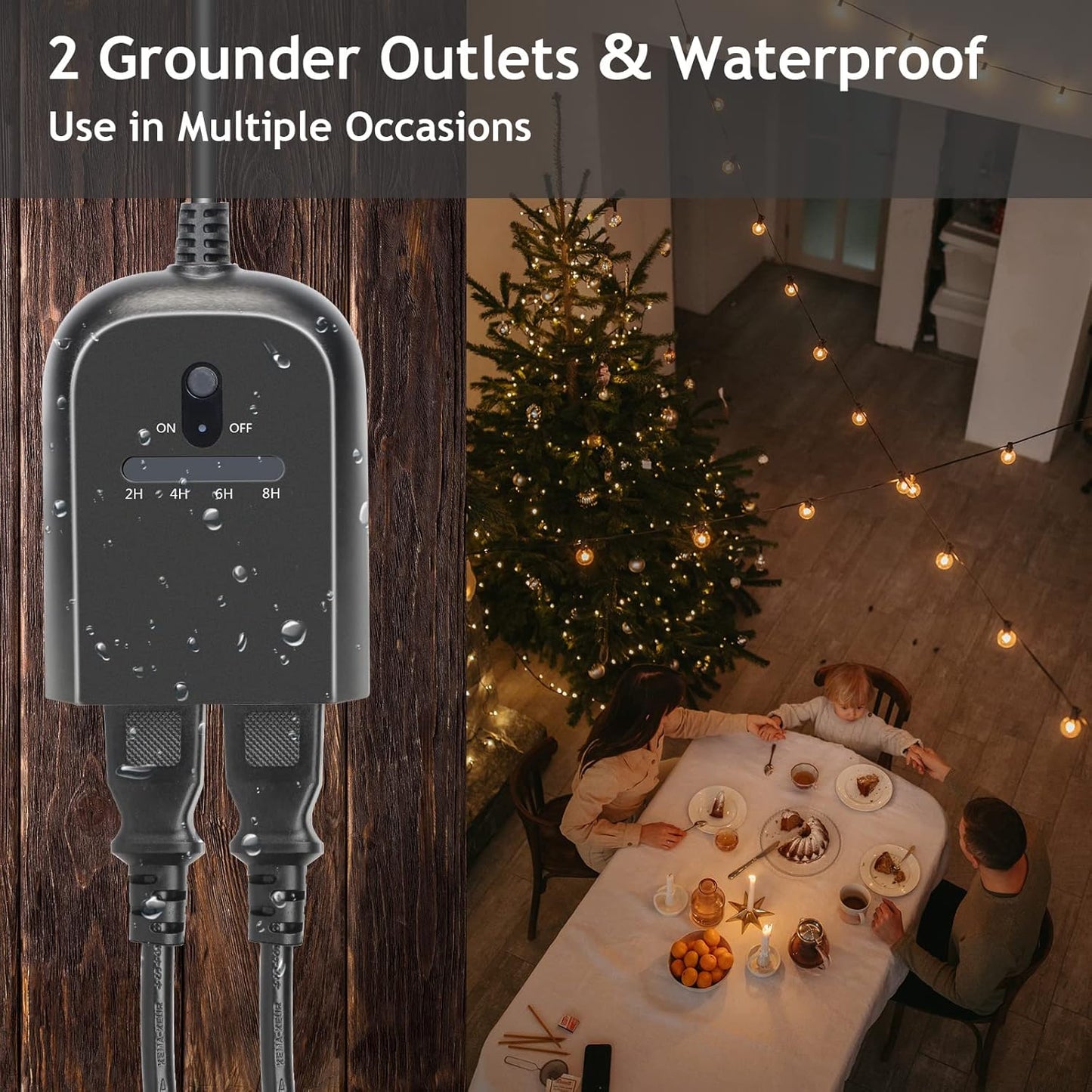 Outdoor Dimmer for String Lights, Remote Control Light Dimmer Plug in, Light Timer Outdoor Waterproof, 100FT Range with 2 Grounded Outlets for Dimmable LED/Tungsten Bulb/Patio Lights