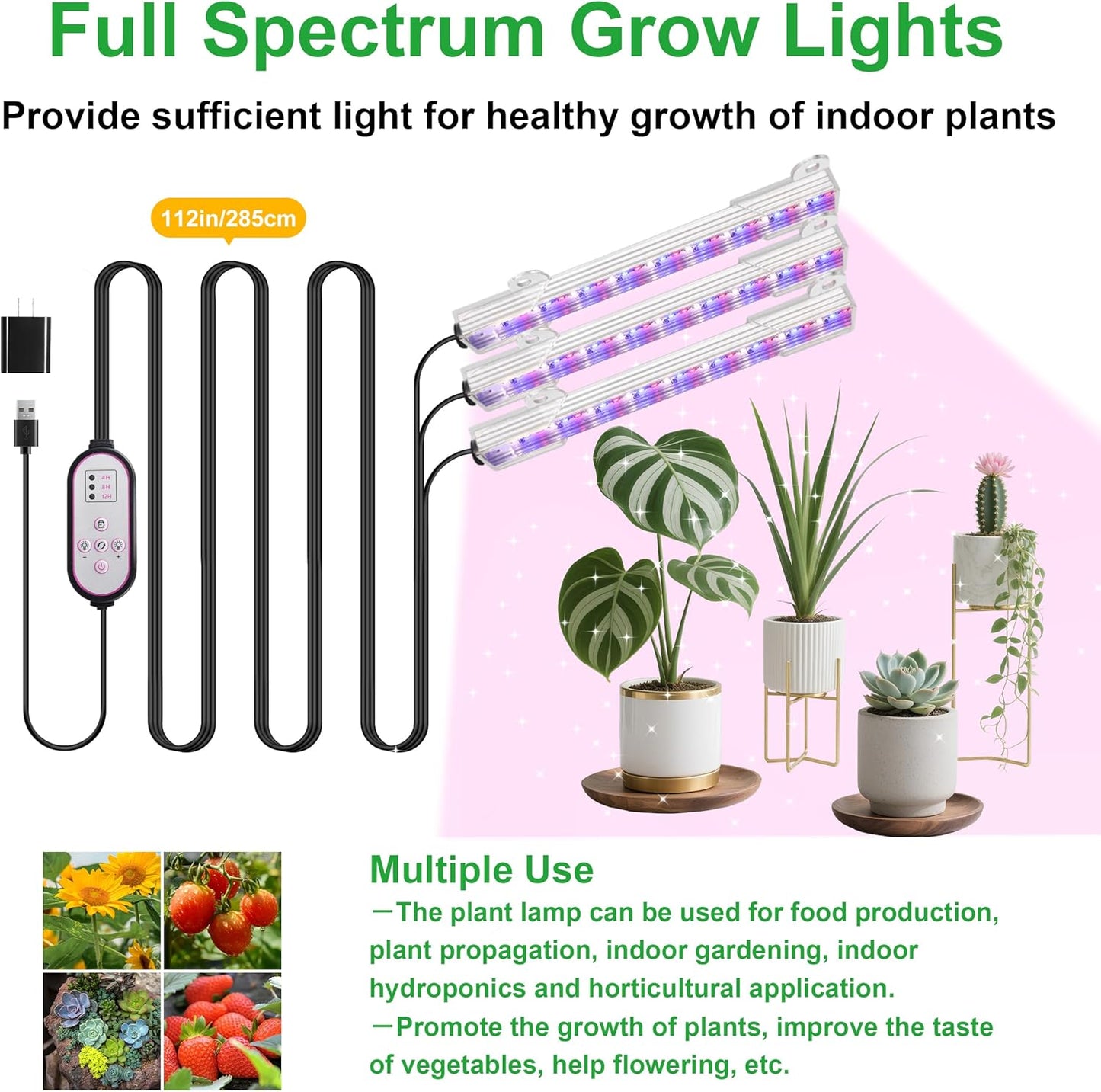 7.8'' 3 Head LED Grow Light Strips, Grow Lamps for Indoor Plants Full Spectrum, Plant Light with 4/8/12H Timer, 10 Dimmable Levels for Seedling Succulent,Best Match for Plant Shelf