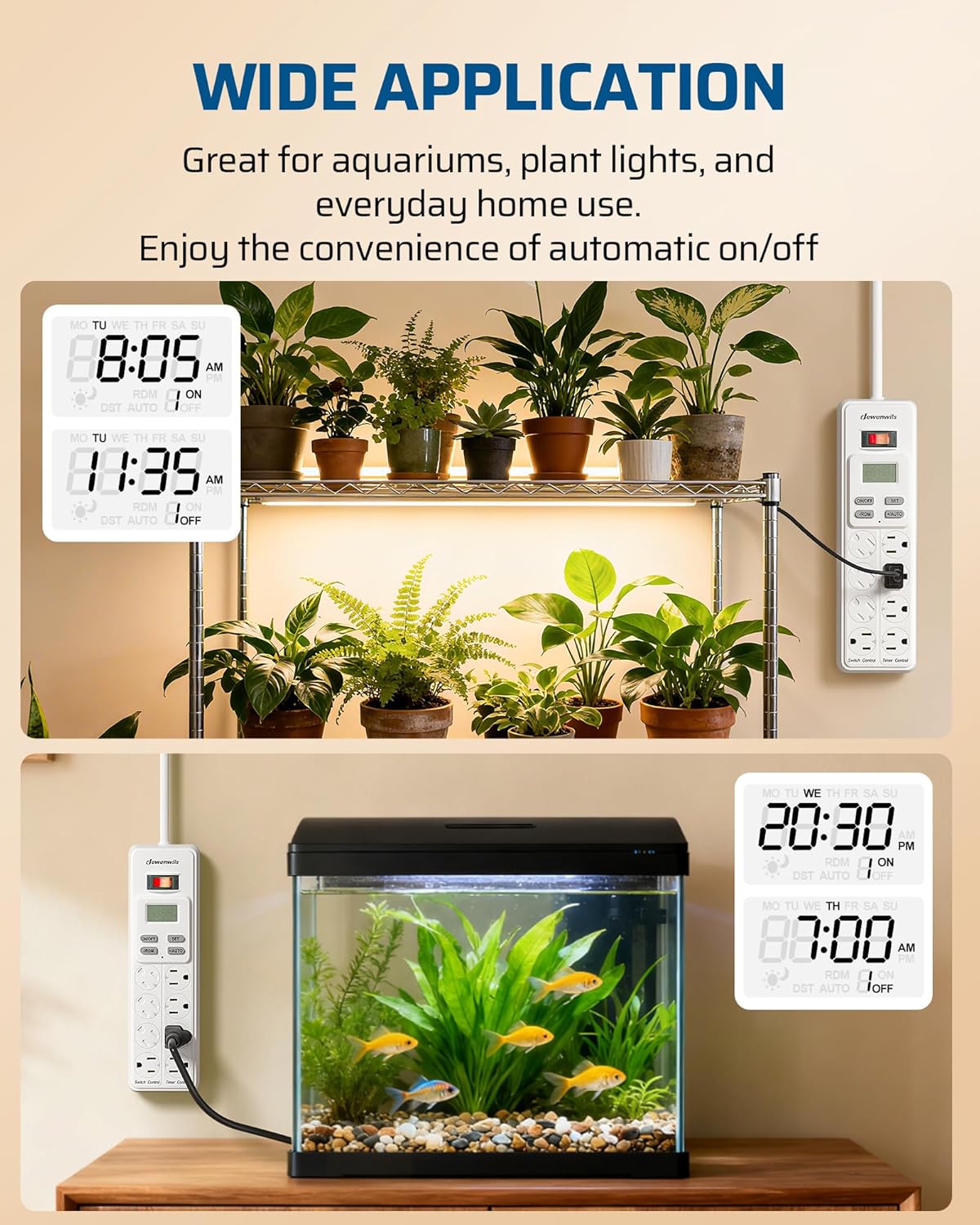 DEWENWILS 8-Outlet Power Strip with Timer (4 Timed/ 4 Always On), Digital Timer Outlet for Reptile Light, Turtle Grow Light Indoor Bearded Dragon Tank Accessory Aquarium, 6ft SJT Cord, 15A UL Listed