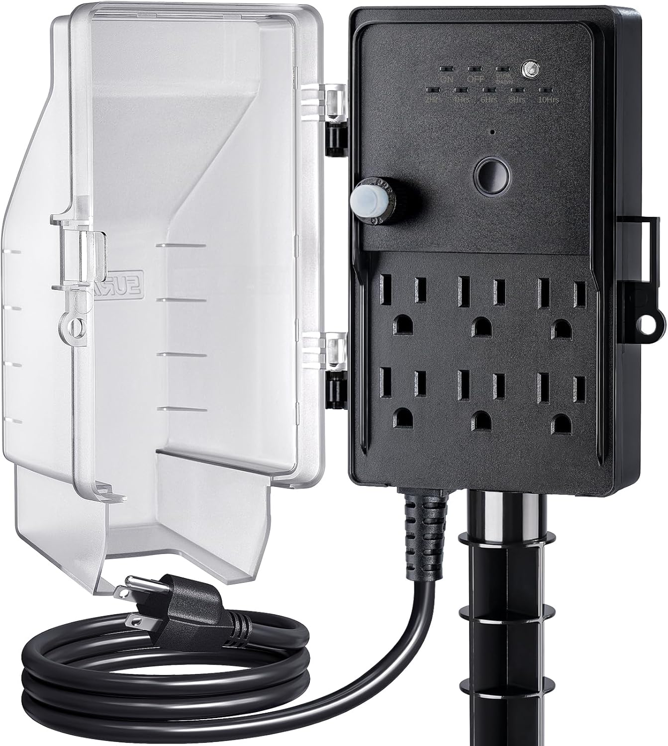 SURAIELEC Outdoor Power Stake Light Timer, Dusk to Dawn, 6 Electrical Outlet Power Strip Weatherproof, 6FT Extension Cord Multiple Outlet for Patio Lights, Sprinkler, Garden, Christmas Decorations
