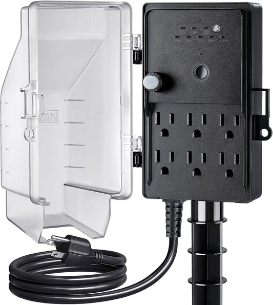 SURAIELEC Outdoor Power Stake Light Timer, Dusk to Dawn, 6 Electrical Outlet Power Strip Weatherproof, 6FT Extension Cord Multiple Outlet for Patio Lights, Sprinkler, Garden, Christmas Decorations