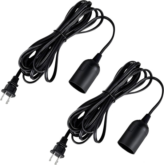 Simple Deluxe Hanging Lantern Extension Cord Cable, Plug-in E26 Pendant Light Socket with On/Off Button, 15ft-Black-2Pack