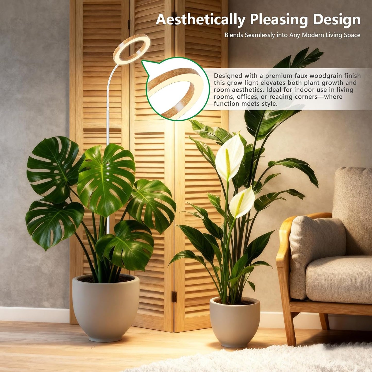 SDOVUERC Full Spectrum Grow Light with Stand for Indoor Plants, Floor Plant Light, 6/12/18H Timer, 3 Color Modes, Adjustable Height 16.5–68in, for Large Plants & Home Décor(1 Head,Faux Wood Grain)