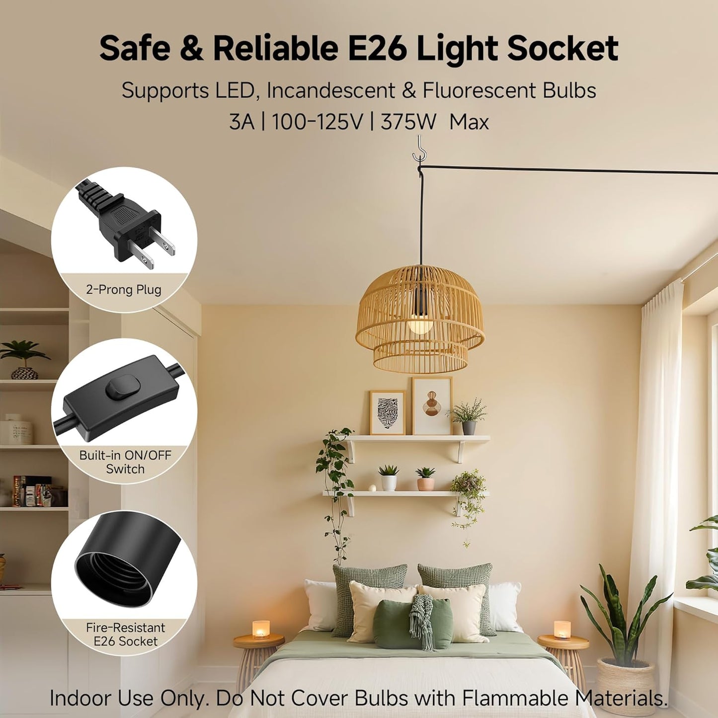 Cable Matters 2-Pack Plug in Hanging Light Cord with Switch - 15ft, Pendant Light Cord with Lamp Socket, Black
