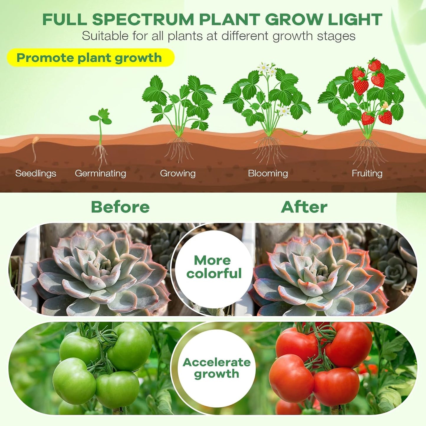 Led Grow Lights, 3 Heads Full Spectrum Plant Light with Clamp for Indoor Plants & Seed Starting, 10-Level Dimmable, Auto On Off, Timing 3 9 12Hrs