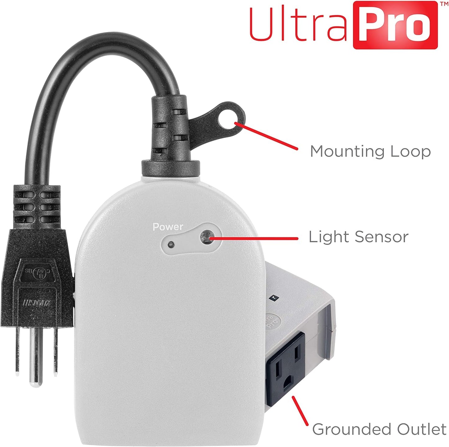 UltraPro Outdoor Outlet Timer, Dusk-to-Dawn Sensor, Single Outlet Light , Simple Automation, Weather-Resistant, Sensing , Seasonal Lights , Landscape, 1 Pack, Gray, 53634
