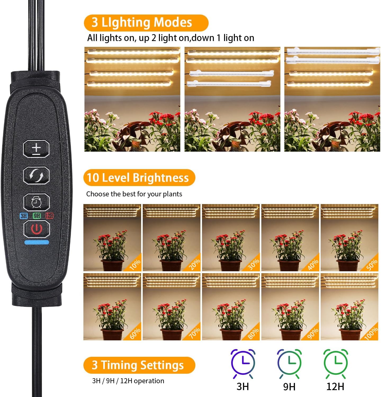 RWNTAO 8.6 Inches LED Plant Growing Light Strips, Full Spectrum 3000K Grow Light for Indoor Plants with 3/9/12H Timer, 10 Dimmable Levels for Seedling Succulent and Plant Shelf (4 Head×2pcs)