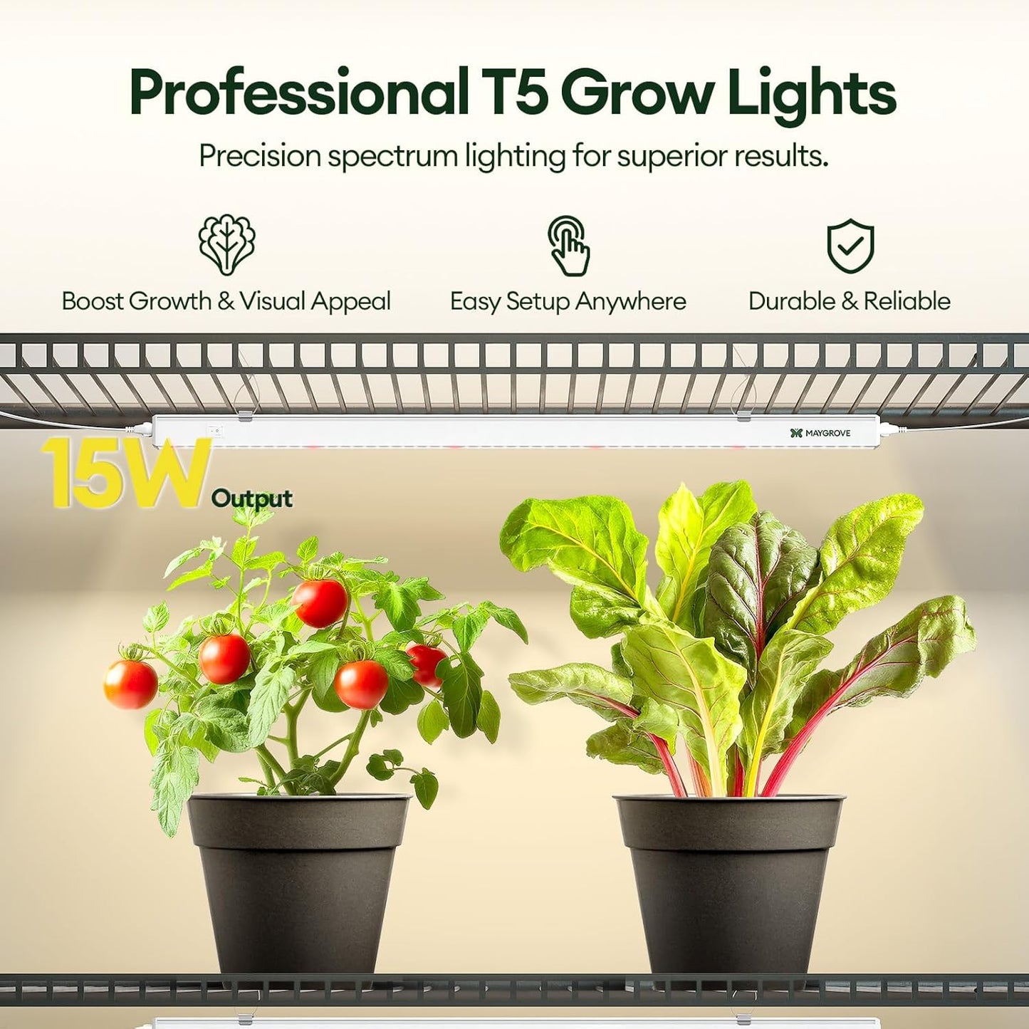 Maygrove T5 Grow Lights for Indoor Plants 2FT, Red-Enhanced Full Spectrum 5000K Grow Light, 60W(4 x 15W), Grow Light Strips for Seed Starting, Greenhouse, High PPFD, Linkable, White, 4-Pack