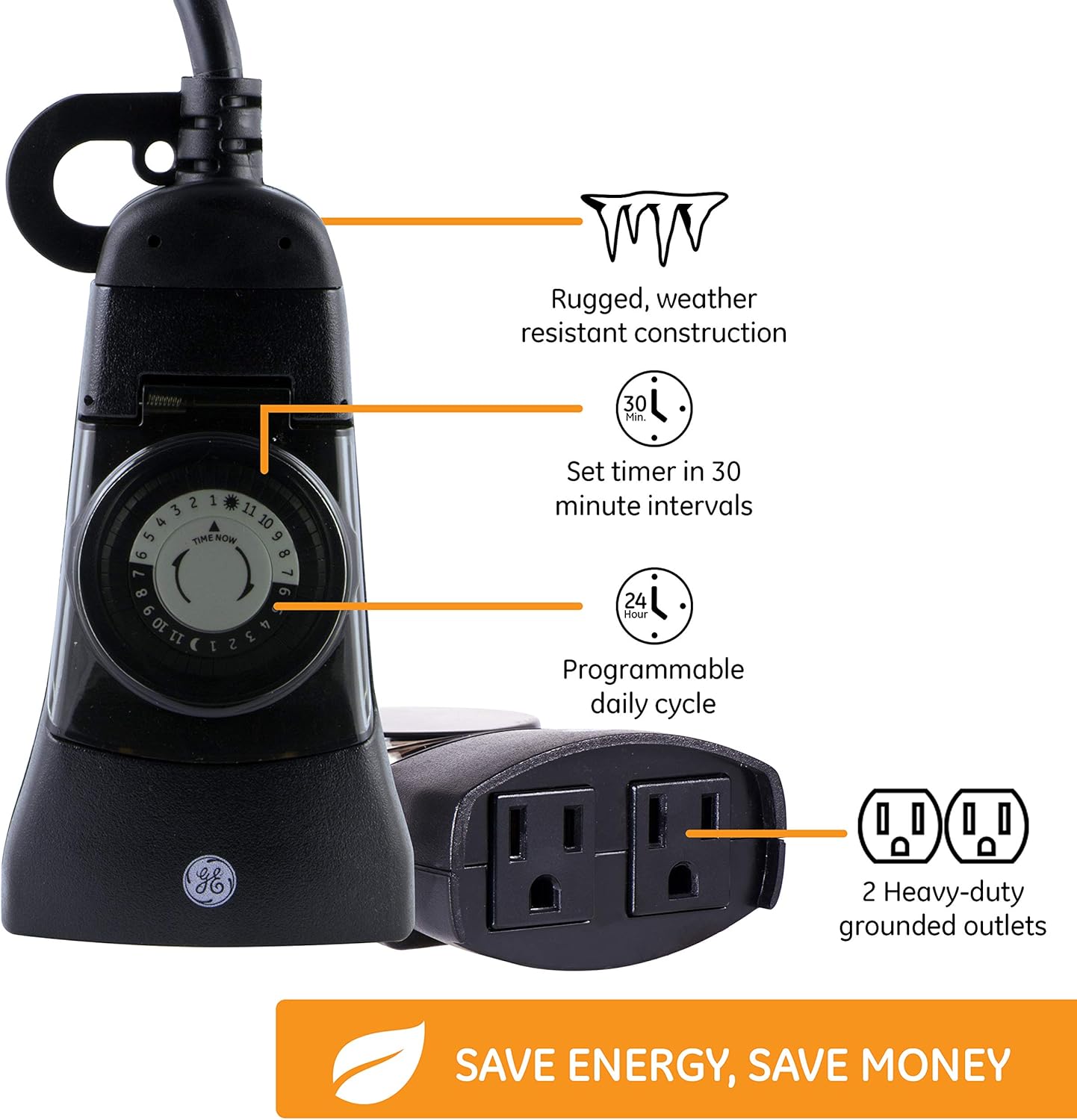 GE 24-Hour Indoor / Outdoor Programmable Mechanical Timer, Dual Outlet Plug-In, 2 Grounded Outlets, Heavy Duty Weather Resistant, 30 Minute Intervals, 15138