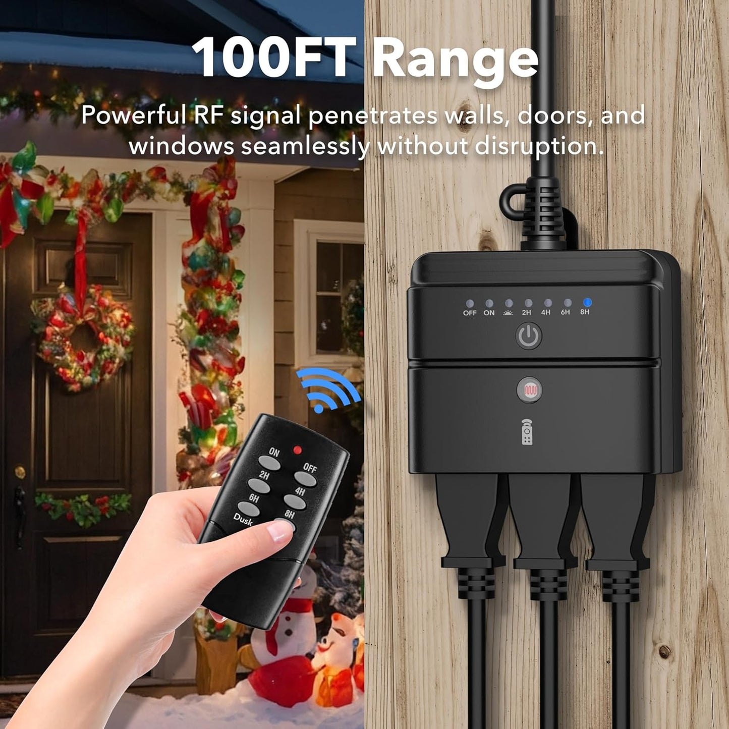 BN-LINK Outdoor Timer Outlet, Dusk-to-Dawn & Remote Control (100ft) - Waterproof 3-Grounded Outlets, 15A ETL Listed for Outdoor String Lights & Appliances