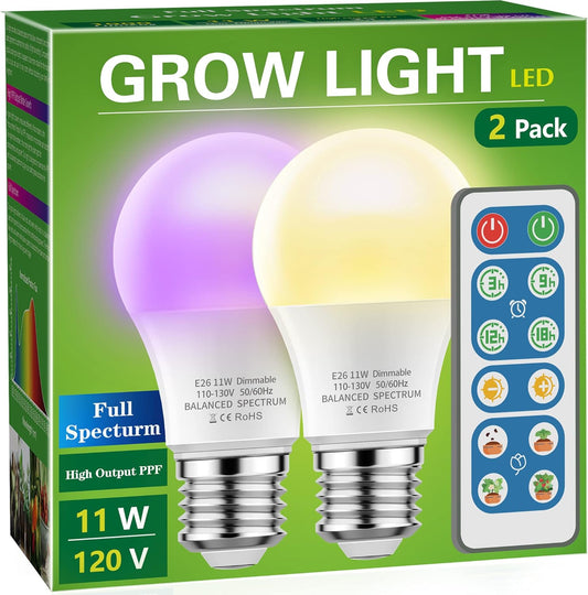 Briignite Grow Light Bulbs, 4 Full Spectrum Growth Modes, 3/9/12/18H Timing, A19 Dimmable Plant Light Bulb E26 Base, 11W Grow Bulb 100W Equivalent, Grow Light for Indoor Plants, Seed Starting, 2Pack